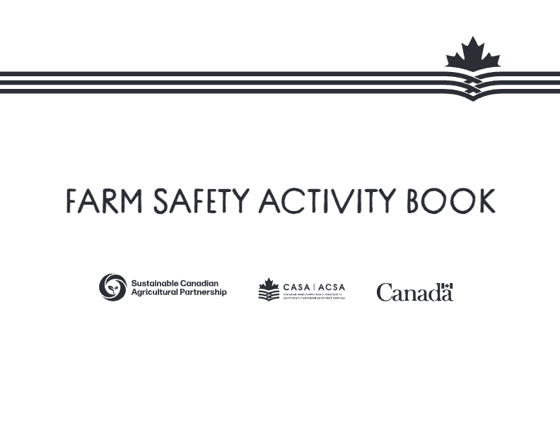 Farm safety activity book cover with Canadian Agriculture Partnership logos.