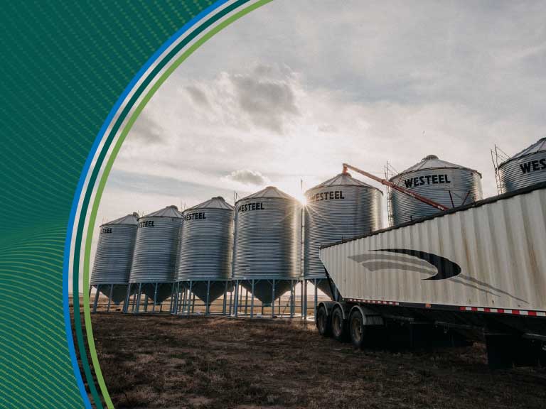 Grain storage silos at a Canadian farm with safety equipment in place.