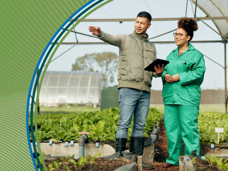 Healthy farm workers discussing crop safety in a greenhouse environment.