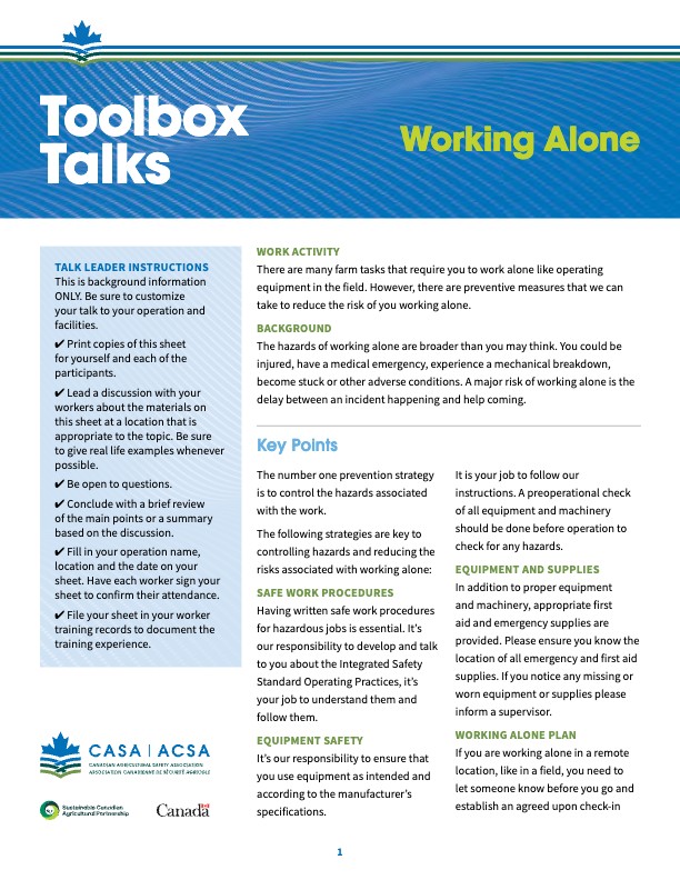 Canadian Agricultural Safety Association Toolbox Talks poster for working alone safety.